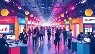 A vibrant visual representation of a digital marketplace bustling with activity, showcasing accountants and businesses connecting and collaborating on various accounting projects, symbolizing a dynamic and efficient accounting solutions ecosystem.