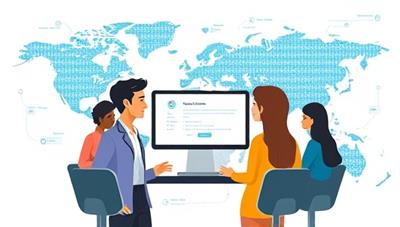 A dynamic graphic showcasing a virtual career coach assisting a diverse group of individuals in career planning, resume building, and interview skills, set against a backdrop of a digital world map symbolizing global opportunities and connectivity.