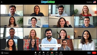 A diverse group of individuals engaged in a virtual language exchange meetup on the LingoLinkup platform, with video calls and text chats in multiple languages, showcasing the dynamic and interactive nature of the peer-to-peer language exchange community.