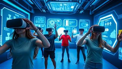 An immersive virtual reality setting with participants wearing VR headsets, engaging in physical challenges and interactive puzzles within a futuristic digital environment, conveying a sense of excitement, teamwork, and adventure in the VR FitQuest experience.