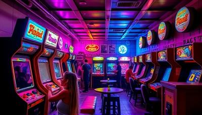 A vibrant image of a retro arcade bar filled with colorful arcade machines, neon lights, and cozy seating areas, with customers enjoying games, drinks, and social interactions, capturing the lively and nostalgic atmosphere of Pixel & Pint.