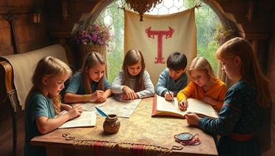 An enchanting writing quest setting with young participants engaged in crafting stories, sketching characters, and brainstorming plot twists, surrounded by parchment scrolls, quills, literary maps, and magical artifacts, evoking a sense of wonder, imagination, and storytelling magic.