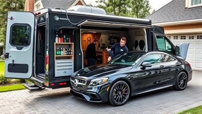 A mobile car detailing van equipped with professional tools and eco-friendly products, parked in a residential driveway with a team of detailers working on a luxurious car, showcasing convenience and quality service.