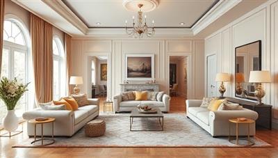 An elegant virtual room rendering showcasing a beautifully designed living space with virtual furniture arrangements, color schemes, and decor accents, creating a visually appealing and aspirational interior design concept.