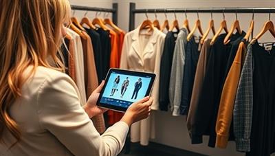 An elegant styling session setup with a stylist using a tablet to show virtual outfit options to a client, surrounded by racks of trendy clothes and accessories, creating a high-tech and personalized styling experience at StyleTech Boutique.