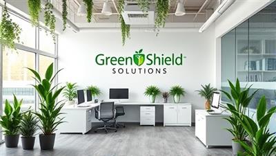 A modern office space with sustainable design elements like plants, natural light, and energy-efficient technology, featuring the GreenShield Solutions logo and branding, symbolizing environmentally conscious insurance solutions.
