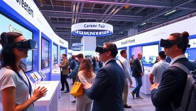 An immersive virtual reality scene of a career fair with participants wearing VR headsets, exploring digital booths, engaging in conversations with avatars representing recruiters, and attending virtual presentations in a futuristic and dynamic environment, symbolizing the future of recruitment events.