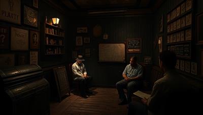 A dimly lit room filled with cryptic symbols, locked chests, and hidden compartments, with participants eagerly examining clues and working together to solve the mystery within a time limit, creating an atmosphere of suspense and excitement.