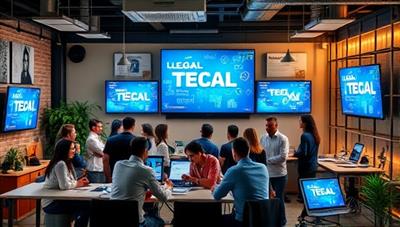 An innovative tech workspace with legal-themed decor and digital screens displaying legal tech solutions, surrounded by diverse entrepreneurs collaborating and brainstorming ideas, symbolizing creativity and innovation in the legal tech industry.
