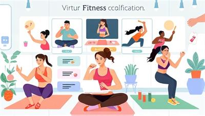 A dynamic digital illustration featuring diverse individuals engaging in virtual fitness sessions, with workout equipment, healthy food items, fitness trackers, and energetic visuals, representing a motivating and inclusive online fitness coaching experience.