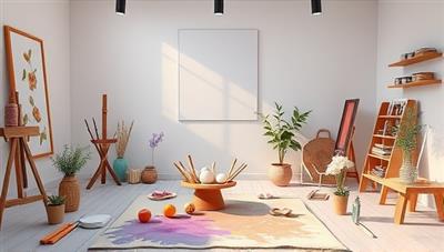 A serene virtual art studio setting with calming colors, art supplies, and soothing music, inviting participants to engage in expressive art activities and mindfulness practices, creating a safe and nurturing space for emotional exploration and healing.