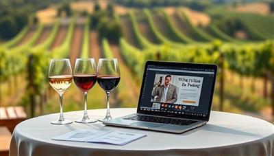 An elegant table setup with wine glasses, tasting notes, and a laptop displaying a virtual wine tasting session, surrounded by lush vineyard scenery in the background, creating a luxurious and immersive wine experience.