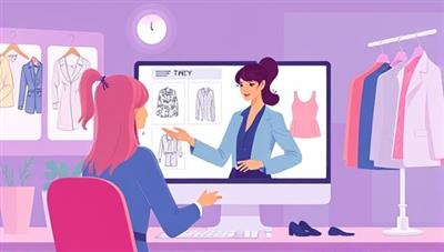 An engaging digital illustration showcasing a virtual stylist interacting with a user on a computer screen, surrounded by fashion sketches and clothing swatches, creating a personalized and tech-savvy styling experience.
