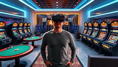 A futuristic living room setup with a person wearing a VR headset, surrounded by virtual casino tables and slot machines, showcasing the immersive experience of VR Casino Thrills.