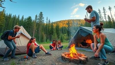 A picturesque outdoor campsite with teens engaged in exciting wilderness activities like rock climbing, orienteering, and campfire cooking, set against a backdrop of lush forests, clear skies, and a sense of adventure and camaraderie.