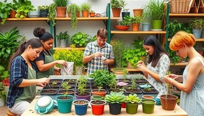 A vibrant DIY gardening workshop setting with participants planting seedlings, creating terrariums, and crafting eco-friendly plant containers, surrounded by shelves of gardening tools, colorful plants, and sustainable materials, fostering a sense of creativity and environmental stewardship in a lively and green-inspired environment.