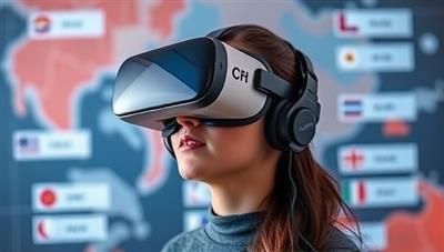 An individual wearing a VR headset, fully immersed in a virtual language learning environment with interactive language exercises and cultural simulations, illustrating the platform's engaging and futuristic approach to language learning.