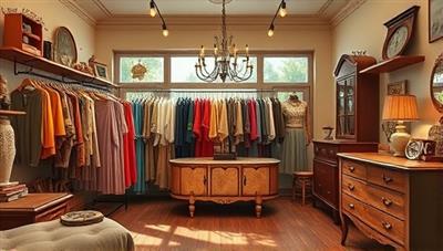 An enticing virtual store interface with a retro-themed design, featuring vintage clothing racks, antique furniture displays, and interactive elements for a nostalgic and immersive online shopping experience.