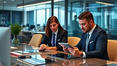 An office scene featuring a team of auditors working collaboratively on digital tablets connected to a blockchain network, showcasing the high-tech and secure audit environment of BlockAudit Pro.