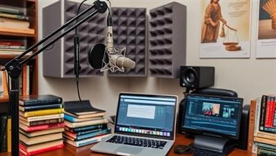 A professional podcast recording setup with a microphone, headphones, and soundproofing panels, surrounded by legal books and a laptop displaying podcast editing software, creating a vibrant and creative podcasting environment.