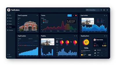An innovative tech dashboard displaying various real estate data analytics, AR/VR property tours, and blockchain transactions, illustrating the cutting-edge tech solutions and digital transformation expertise offered by TechEstate Solutions.
