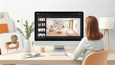 An artistic rendering of a virtual design consultation session, showing a designer presenting a digital mood board and 3D room layout to a client on a computer screen, surrounded by design samples and decor inspirations, illustrating creativity and collaboration.