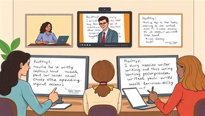 A digital illustration of a virtual writing accountability group meeting, featuring diverse members connecting via video conference, sharing their writing progress on virtual whiteboards, and providing supportive feedback to each other, capturing the collaborative and motivating essence of the group dynamic.