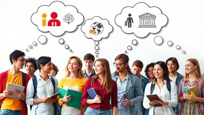 A vibrant and diverse group of students engaged in various academic activities, with thought bubbles above their heads showing icons of different insurance coverages like health, travel, and belongings, illustrating the importance of comprehensive insurance protection for students in different scenarios.