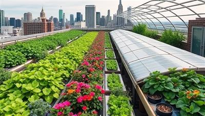 An expansive rooftop greenhouse filled with lush greenery, colorful flowers, and thriving vegetable plants, set against a backdrop of city skyscrapers and urban landscapes, showcasing the vibrant and sustainable essence of SkyFarm Rentals.