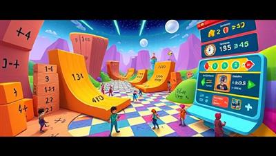 A colorful and dynamic virtual world filled with math puzzles, characters solving equations, and a leaderboard showcasing top performers, creating an immersive and engaging math tutoring experience.