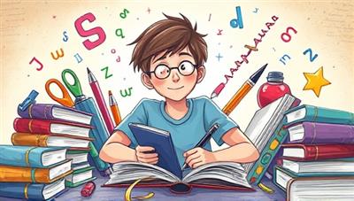 A vibrant and creative illustration of a teen surrounded by writing supplies, books, and imaginative elements like flying letters and shining stars, capturing the essence of creative writing exploration and adventure with Inkwell Adventures.
