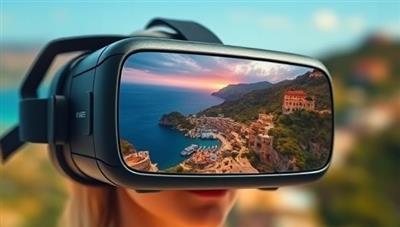 An immersive virtual reality headset displaying a picturesque virtual tour of a scenic destination, with vibrant colors and realistic details, evoking a sense of wanderlust and exploration.