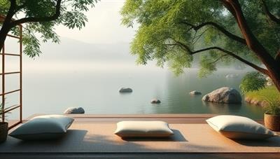 A tranquil virtual retreat space surrounded by nature, featuring calming water sounds, soft lighting, and comfortable cushions for meditation and relaxation, inviting participants to embark on a peaceful journey of self-discovery and inner harmony.