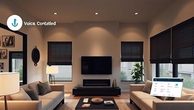 An elegant and modern living room setting with smart home devices seamlessly integrated, showcasing voice-controlled lighting, automated blinds, and a centralized control panel, illustrating the sophistication and convenience of IntelliHaus Solutions' installations.