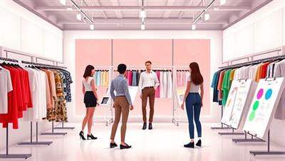 An animated virtual fashion studio with digital mannequins, fabric swatches, design sketches, and avatars of users exploring fashion design options, conveying the creativity and innovation of the online fashion design studio on the platform.