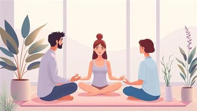 A soothing digital illustration of a virtual mental wellness coaching session, featuring a counselor guiding a client through a mindfulness exercise, surrounded by calming nature elements and relaxation visuals, creating a tranquil and supportive virtual space.