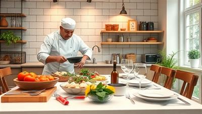 An interactive virtual cooking class scene with a chef guiding participants through a culinary recipe, showcasing fresh ingredients, cooking utensils, and a beautifully set dining table for a virtual dinner party experience, inspiring creativity and culinary exploration.