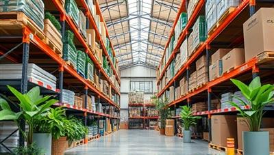 An image of a warehouse with shelves stocked with eco-friendly packaging materials, accompanied by green plants and natural elements, conveying a sense of sustainability and environmental responsibility in warehouse operations.