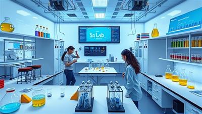 An immersive visual of a virtual science lab filled with scientific equipment, experiments in progress, and interactive data analysis tools, with students and educators actively engaged in hands-on learning experiences within the SciLab Simulate platform, highlighting the practical and educational value of virtual lab simulations.