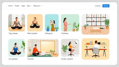 An online platform interface showcasing a variety of wellness resources, including virtual yoga classes, meditation sessions, and ergonomic workspace setups, illustrating a holistic approach to remote worker well-being and productivity.