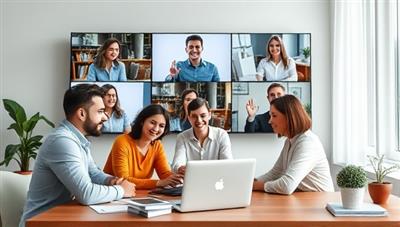An engaging virtual meeting scene with diverse team members collaborating on a shared digital workspace, showcasing seamless remote communication and productivity tools in action.