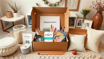 An aesthetically pleasing flat lay display of a DesignCraft Kit box filled with various crafting materials, tools, and finished DIY home decor projects, arranged in a cozy home setting with soft lighting and decorative accents, inspiring creativity and customization.