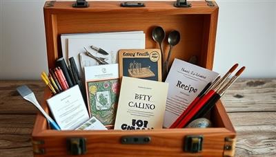 An image of a beautifully crafted box filled with artistic tools, recipe cards, coding guides, and paintbrushes, symbolizing a diverse range of skills waiting to be explored and mastered, evoking a sense of creativity and discovery.