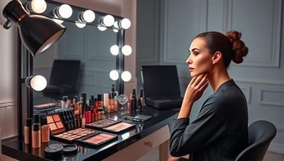 An elegant virtual makeup studio setup with professional lighting, a mirrored vanity table showcasing a wide array of makeup products, and a virtual makeup artist demonstrating a sophisticated makeup look on a model, exuding glamour and expertise in the beauty industry.