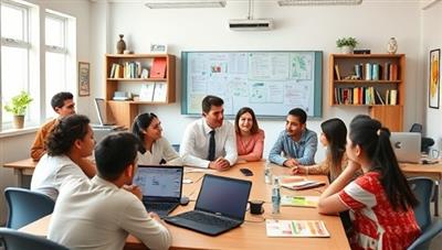 An engaging virtual classroom environment with diverse students interacting with a knowledgeable tutor, showcasing dynamic learning experiences and collaboration.