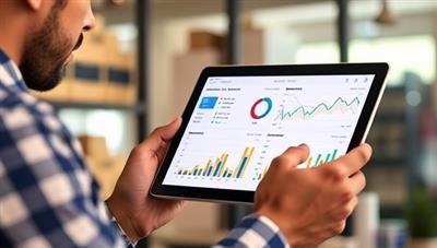 An engaging visual of a small business owner reviewing a dynamic data dashboard on a tablet, with colorful graphs and charts displaying key performance indicators, representing the actionable insights and business optimization offered by DataInsight's analytics subscription.