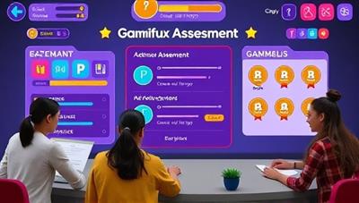 An interactive visual representation of a gamified learning assessment, featuring colorful game elements, progress bars, and achievement badges, with students actively participating in the assessment tasks, highlighting the fun and engaging nature of the educational experience.