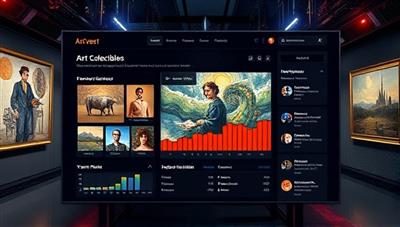 An artistic representation of the ArtVest Exchange digital marketplace interface displaying exclusive art collectibles, investment performance charts, cultural asset details, and user testimonials, creating an immersive and visually captivating experience that resonates with art investors and collectors.
