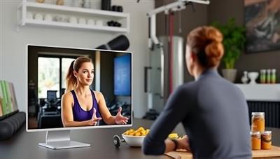 A vibrant digital interface showing a virtual fitness coach guiding a client through a workout session via video call, with fitness equipment and healthy snacks in the background, conveying energy and motivation.
