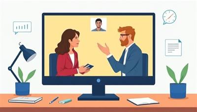 An illustration of two individuals engaging in a virtual mediation session on a computer screen, with a mediator facilitating the discussion through a video call, surrounded by digital tools for note-taking and document sharing, conveying a professional and efficient conflict resolution process in a remote setting.